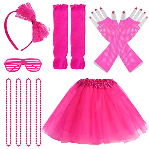 jiebor 80s Costume Accessories Outfits for Girls Tutu Skirt Leg Warmers Fishnet Gloves Shutter Glass Headband Necklace Hot Pink - Image 5