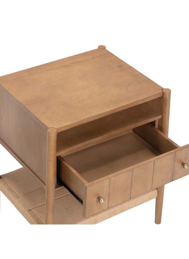 Nathan James Meads Wood Nightstand with Drawer, Vintage Nightstand with Seagrass Storage and Brass Handles, Light Brown - Image 3