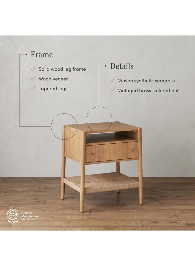 Nathan James Meads Wood Nightstand with Drawer, Vintage Nightstand with Seagrass Storage and Brass Handles, Light Brown - Image 5