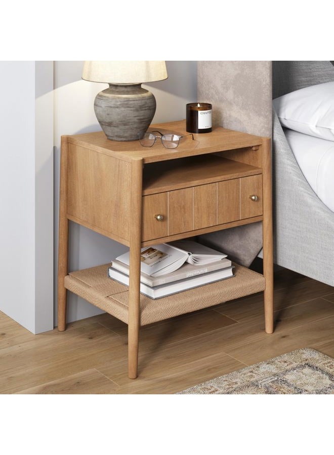 Nathan James Meads Wood Nightstand with Drawer, Vintage Nightstand with Seagrass Storage and Brass Handles, Light Brown - Image 1