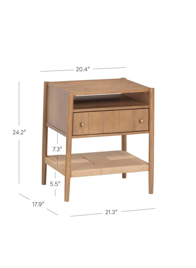 Nathan James Meads Wood Nightstand with Drawer, Vintage Nightstand with Seagrass Storage and Brass Handles, Light Brown - Image 4