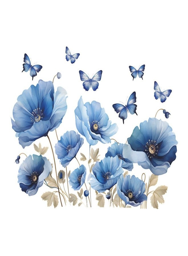 iMagitek Blue Flower Wall Decals Peel and Sticker DIY Floral Butterly Wall Stcikers Murals for Girls Bedroom, Living Room, Kids Room Wall Decor - Image 1