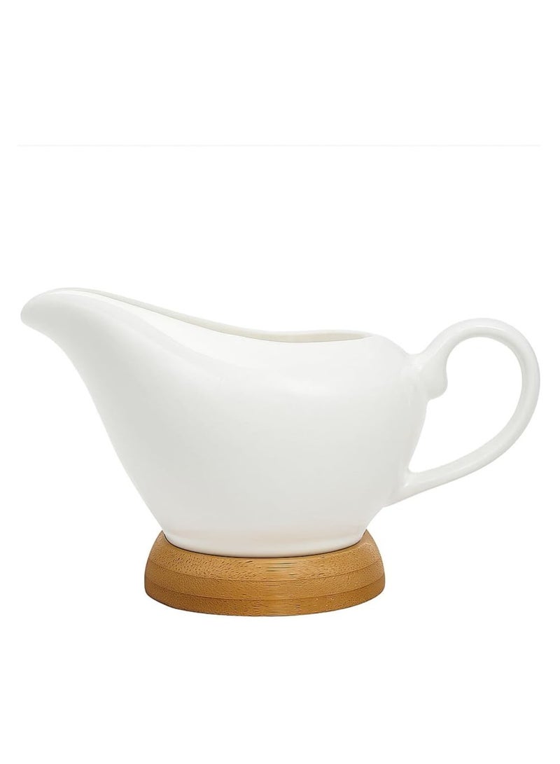 وعاء صلصة خزفي مع قاعدة خشبية سعة 200 مل إبريق صلصة بورسلين أبيض للصلصة - Image 1
