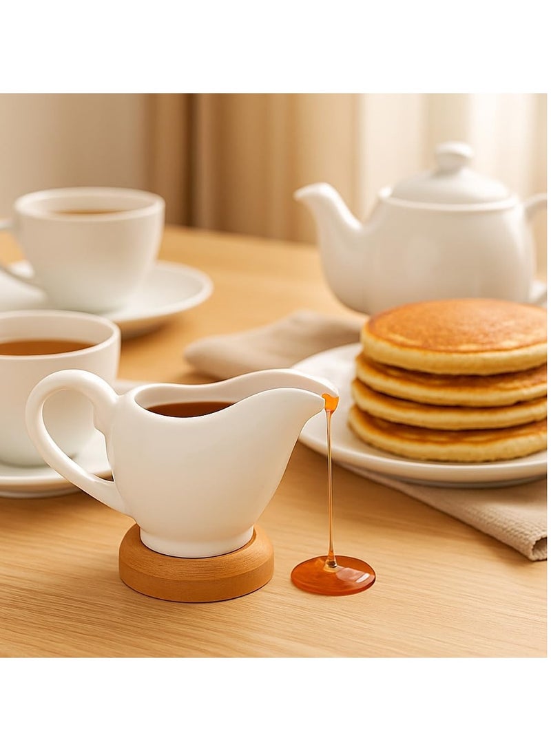 وعاء صلصة خزفي مع قاعدة خشبية سعة 200 مل إبريق صلصة بورسلين أبيض للصلصة - Image 2