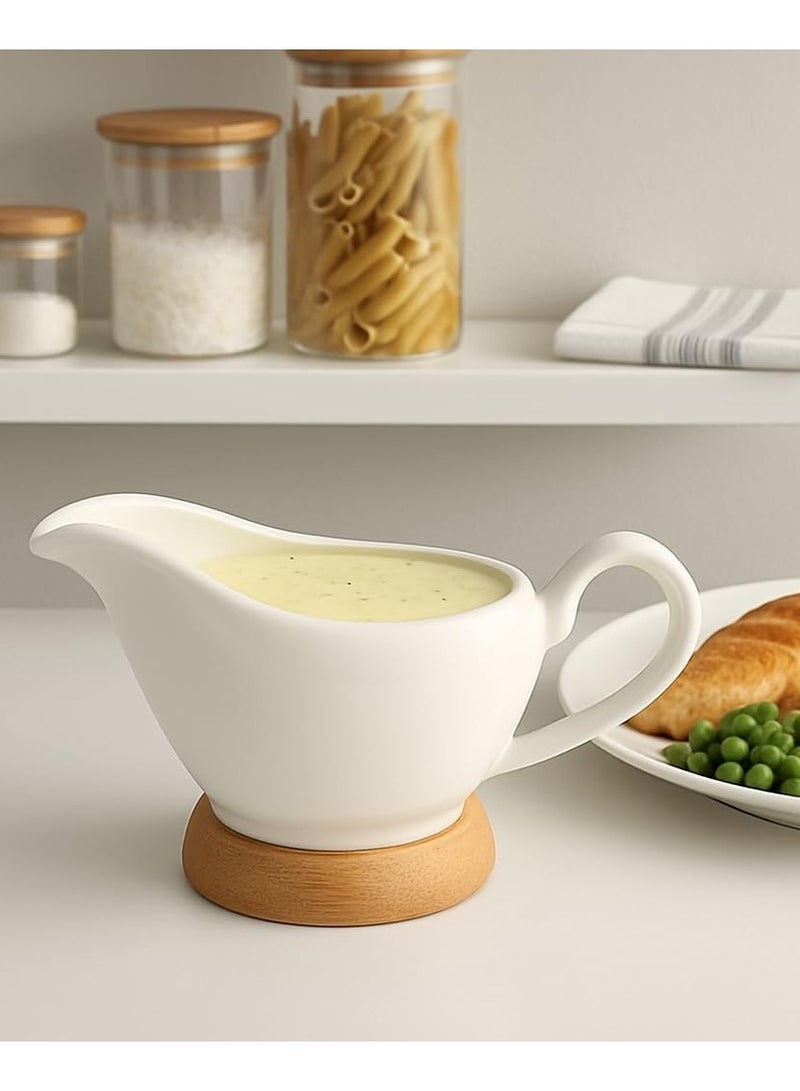 وعاء صلصة خزفي مع قاعدة خشبية سعة 200 مل إبريق صلصة بورسلين أبيض للصلصة - Image 3