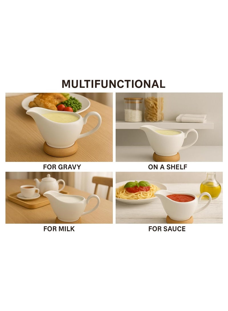 وعاء صلصة خزفي مع قاعدة خشبية سعة 200 مل إبريق صلصة بورسلين أبيض للصلصة - Image 4