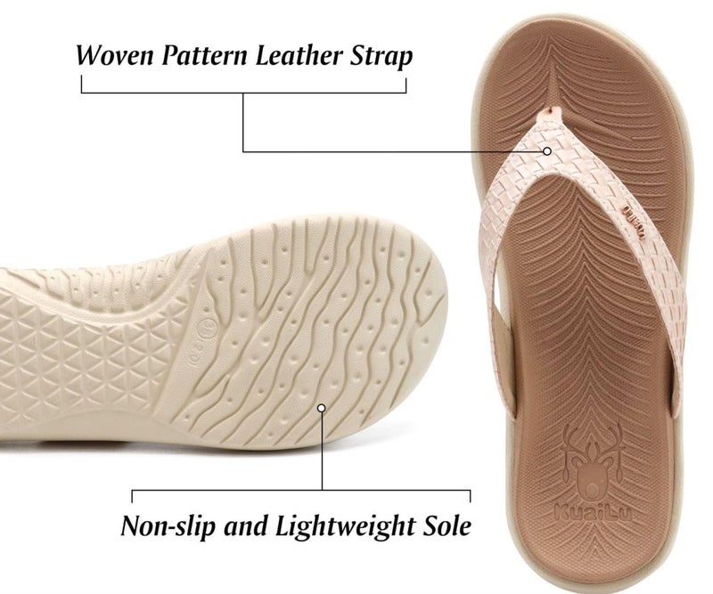 KuaiLu Flip Flops for Women Ladies Yoga Mat Comfortable Sport Walking Thong Sandal With Plantar Fasciitis Arch Support Slip-on Slides Indoor Outdoor For Summer Size 7.5 Beige White - Image 5