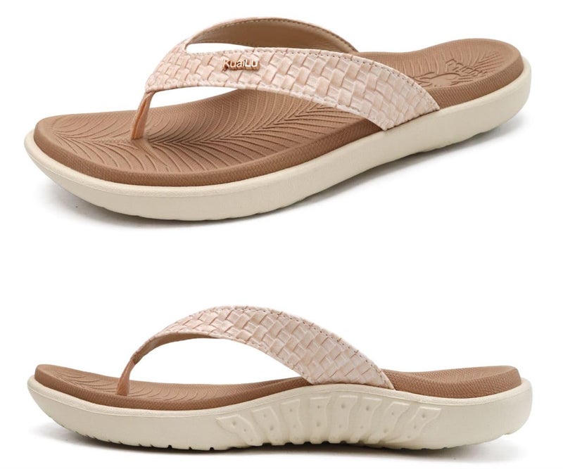 KuaiLu Flip Flops for Women Ladies Yoga Mat Comfortable Sport Walking Thong Sandal With Plantar Fasciitis Arch Support Slip-on Slides Indoor Outdoor For Summer Size 7.5 Beige White - Image 1