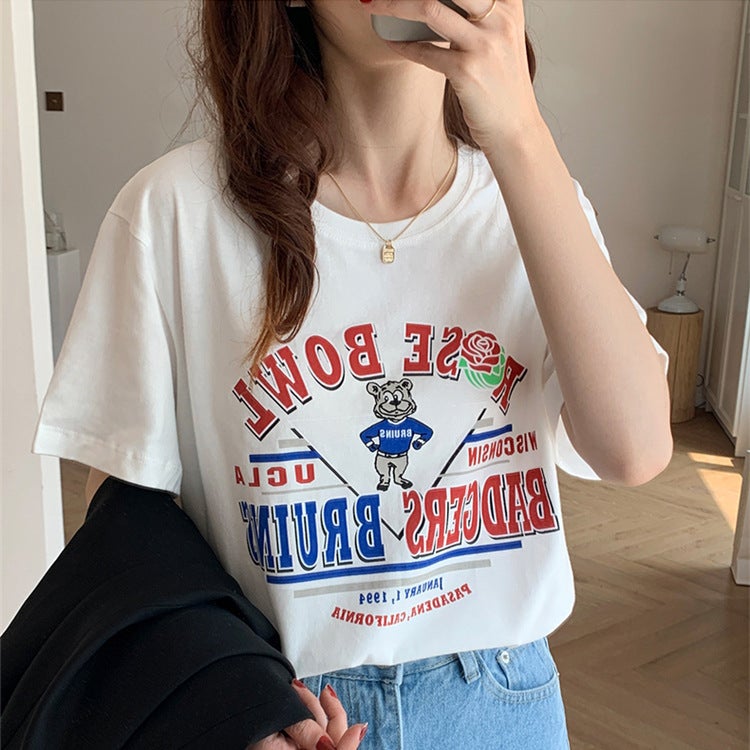 Short-Sleeved T-Shirt Women'S Cotton Loose Korean-Style Ins Women'S All-Match Cartoon Printed Inner Half-Sleeve Top - Image 1