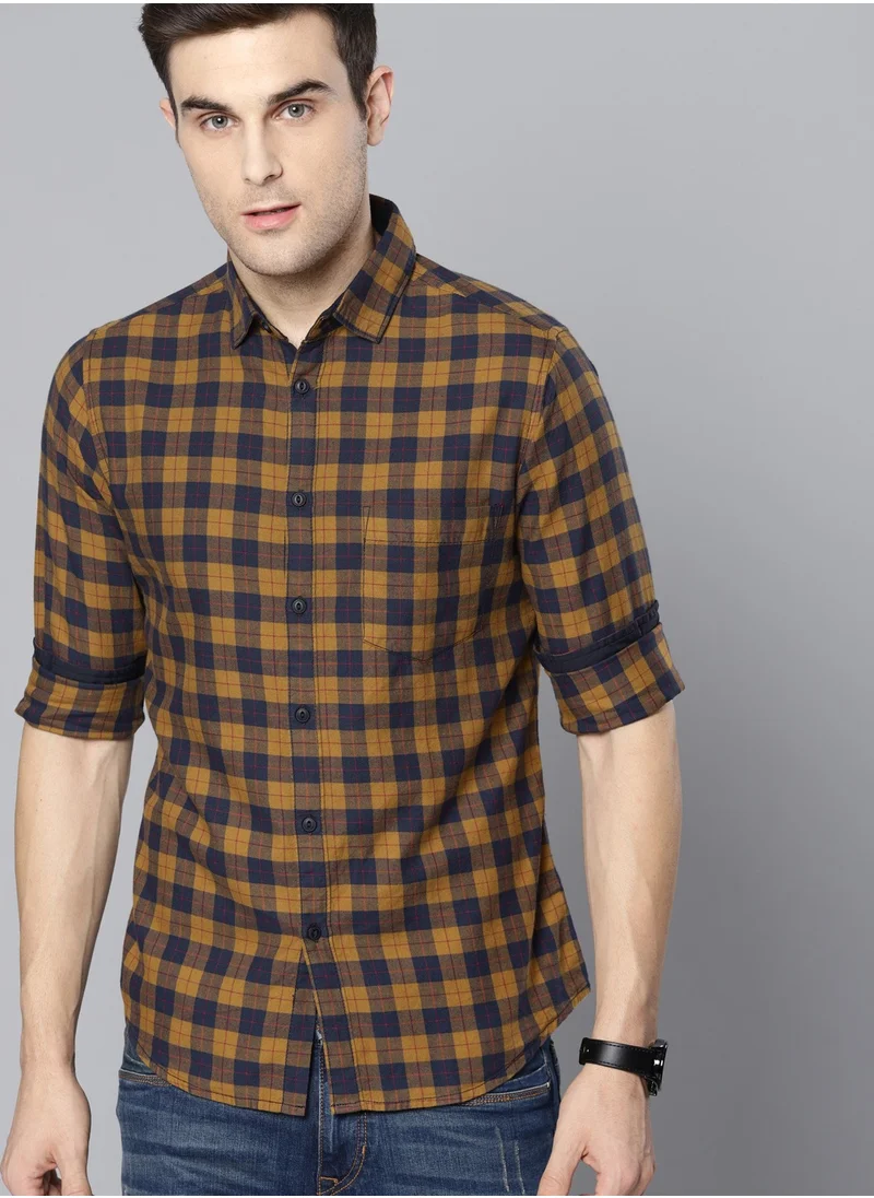 Dennis Lingo Men's Slim Fit Mustard Casual Cotton Spread Shirt