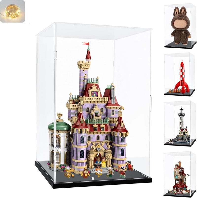Elepure Thickened Clear Acrylic Display Case for Zimomo for Labubu for Pop Mart I Found You Angel in Clouds Doll, Showcase Box for Big LABUBU Large Toy with Wooden Base & Light, Black Inside 13.8x11.8x23.6in - Image 1