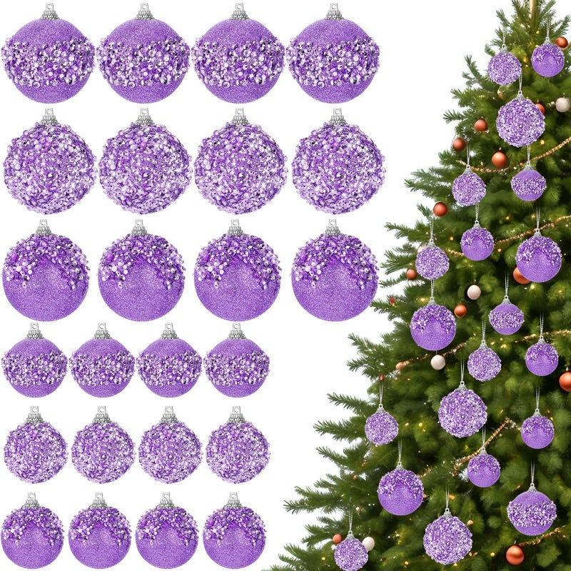 Poen 24 Pcs Glitter Christmas Ball Ornaments Set Christmas Tree Ornaments Hanging Sequin Foam Christmas Balls Decoration for Xmas Tree Wreath Garland Christmas Home Decor Wedding Party (Light Purple) - Image 1