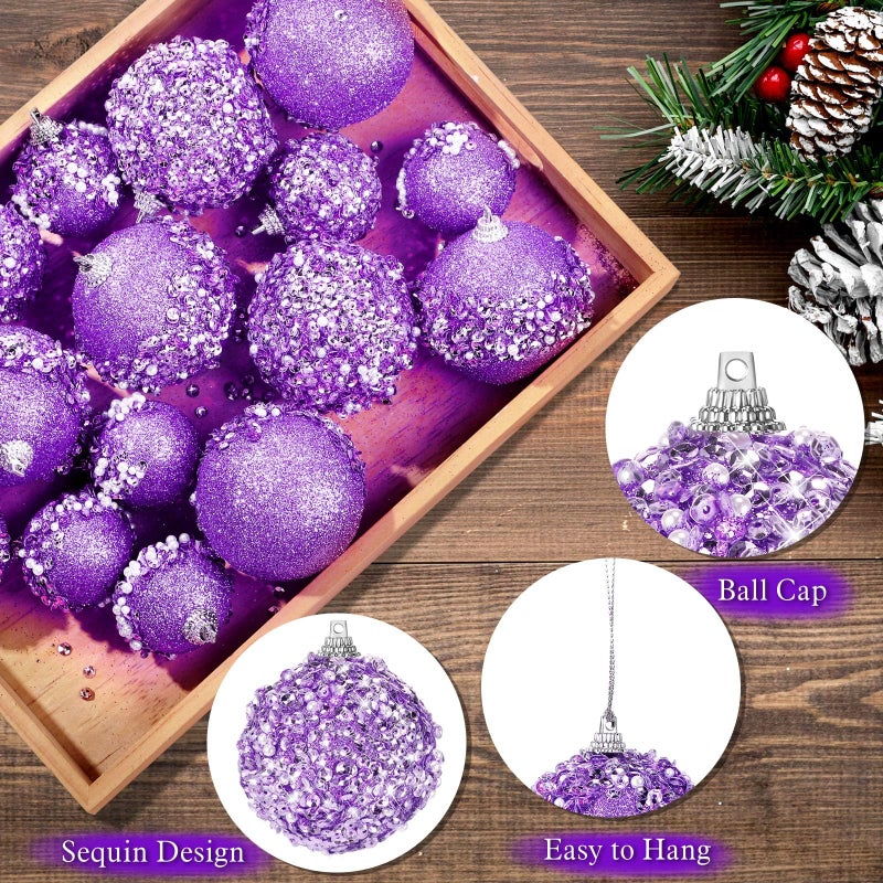 Poen 24 Pcs Glitter Christmas Ball Ornaments Set Christmas Tree Ornaments Hanging Sequin Foam Christmas Balls Decoration for Xmas Tree Wreath Garland Christmas Home Decor Wedding Party (Light Purple) - Image 3