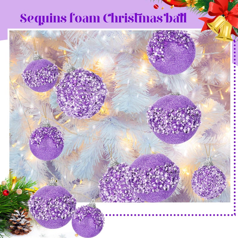 Poen 24 Pcs Glitter Christmas Ball Ornaments Set Christmas Tree Ornaments Hanging Sequin Foam Christmas Balls Decoration for Xmas Tree Wreath Garland Christmas Home Decor Wedding Party (Light Purple) - Image 5