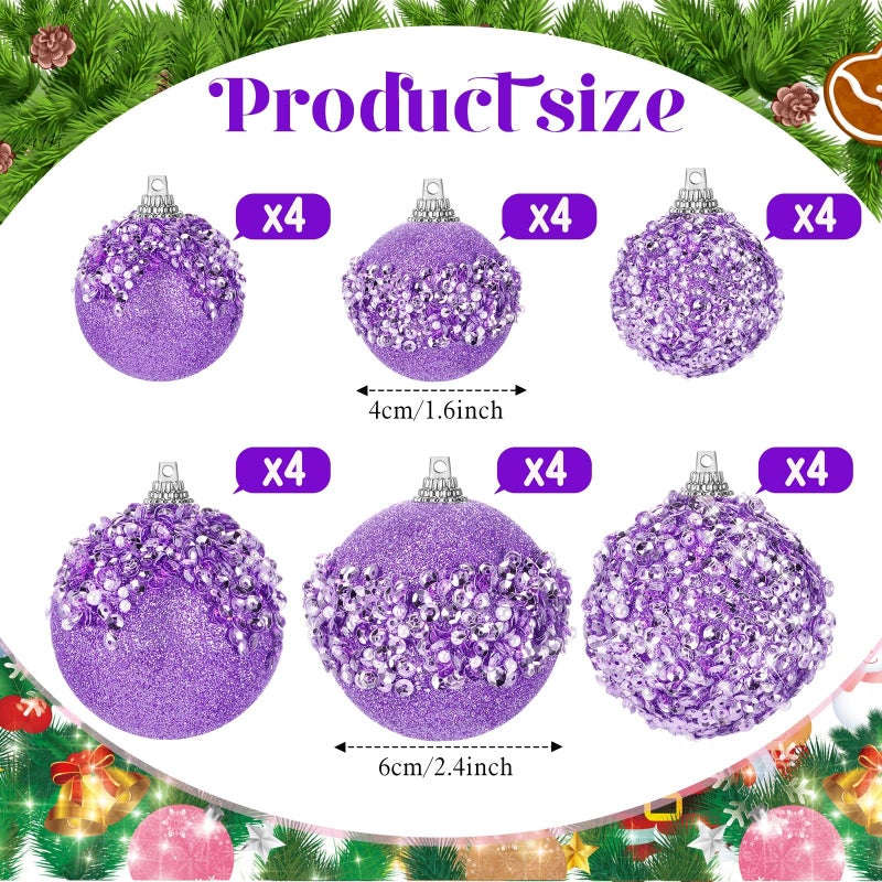 Poen 24 Pcs Glitter Christmas Ball Ornaments Set Christmas Tree Ornaments Hanging Sequin Foam Christmas Balls Decoration for Xmas Tree Wreath Garland Christmas Home Decor Wedding Party (Light Purple) - Image 2