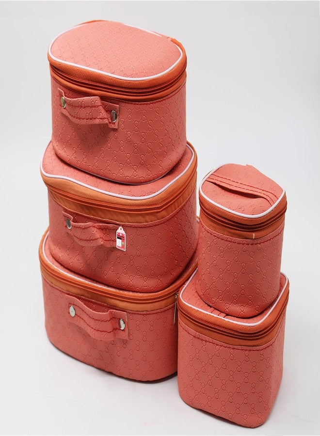 LUCES Set of 5 Fabric Makeup Storage Box Travelling Vanity Cosmetic Toiletry Bag Necklace Jewelry Case Wardrobe Organizer Pouch for Women Peach Color - Image 2