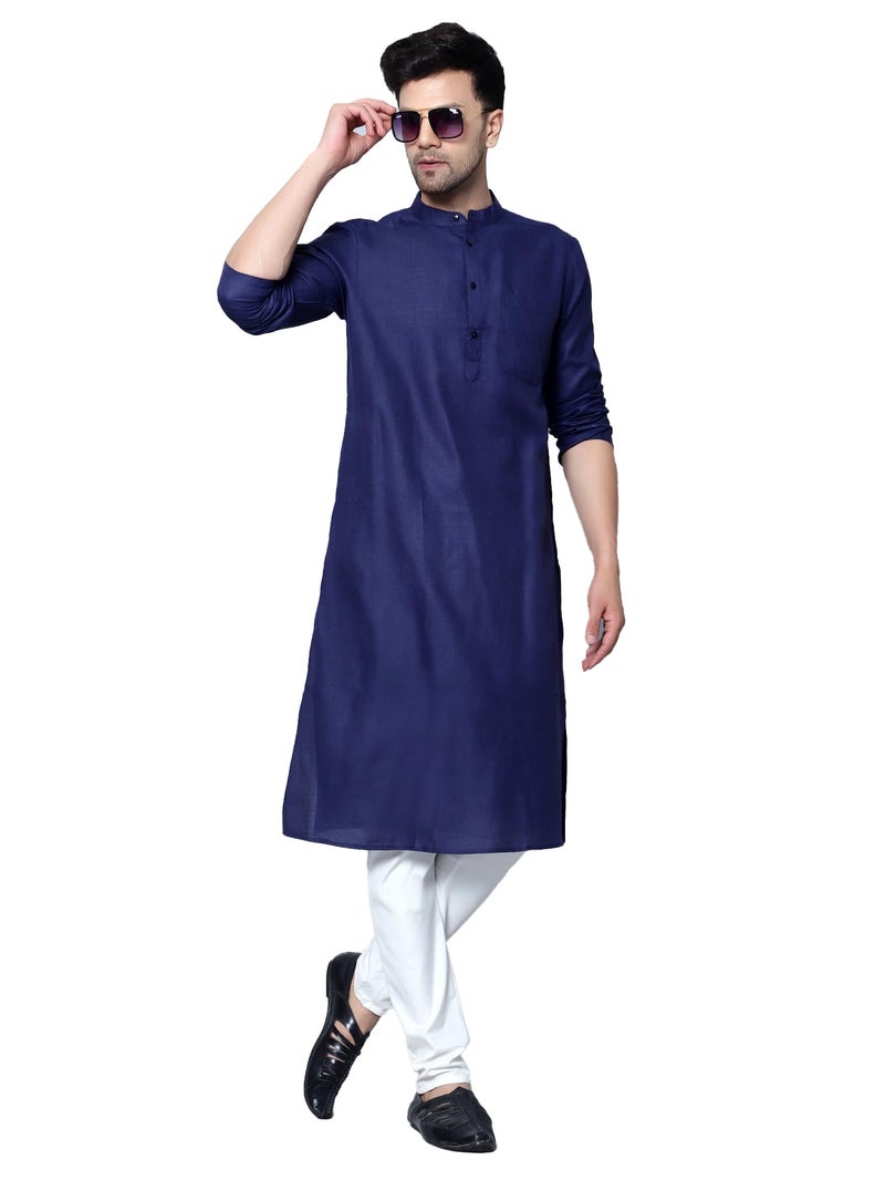 LATEST CHIKAN Men's Cotton Blend Solid Long Kurta Full Sleeves - Casual Ethnic Wear -LCA-LK-MGK-NBL-42 Navy - Image 1