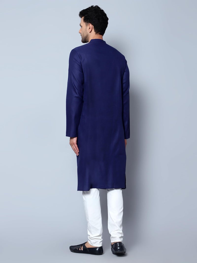 LATEST CHIKAN Men's Cotton Blend Solid Long Kurta Full Sleeves - Casual Ethnic Wear -LCA-LK-MGK-NBL-42 Navy - Image 5