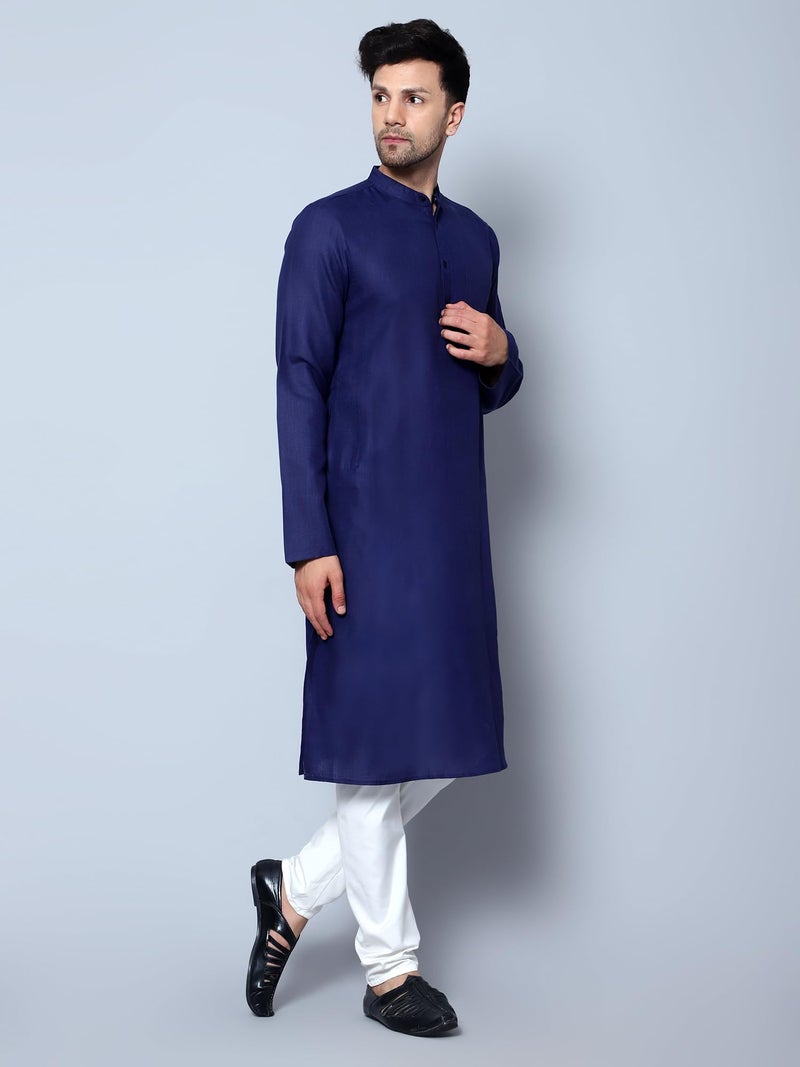 LATEST CHIKAN Men's Cotton Blend Solid Long Kurta Full Sleeves - Casual Ethnic Wear -LCA-LK-MGK-NBL-42 Navy - Image 4