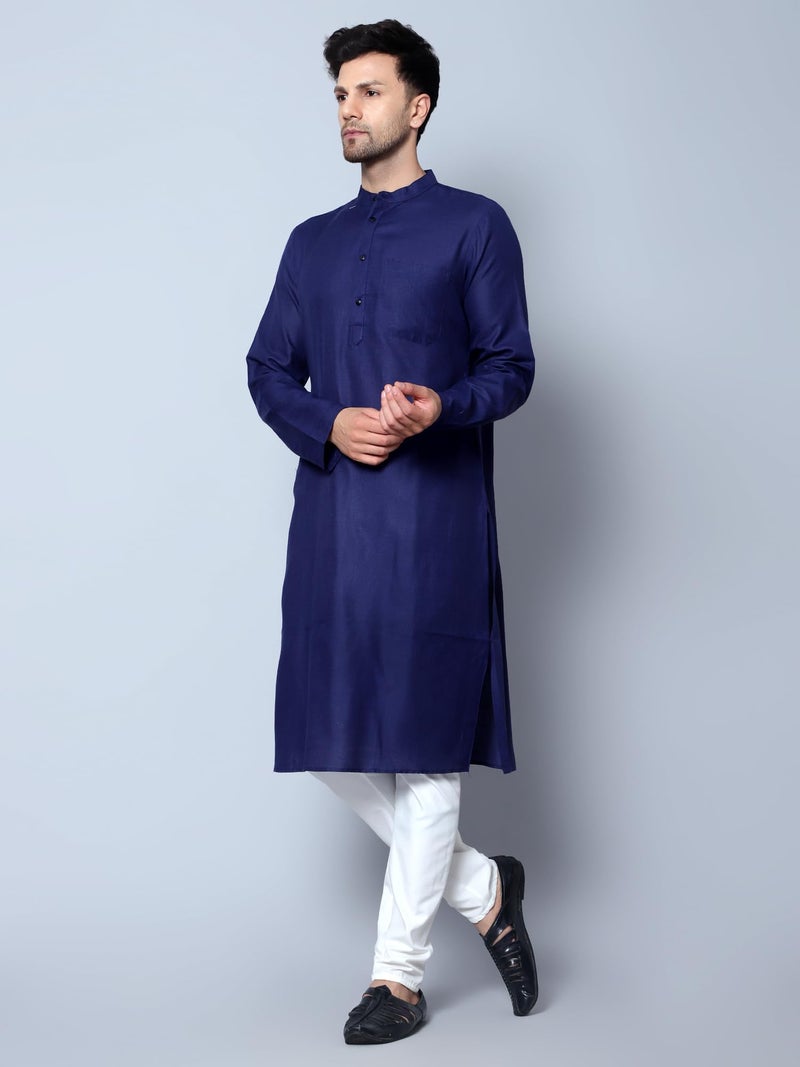 LATEST CHIKAN Men's Cotton Blend Solid Long Kurta Full Sleeves - Casual Ethnic Wear -LCA-LK-MGK-NBL-42 Navy - Image 3
