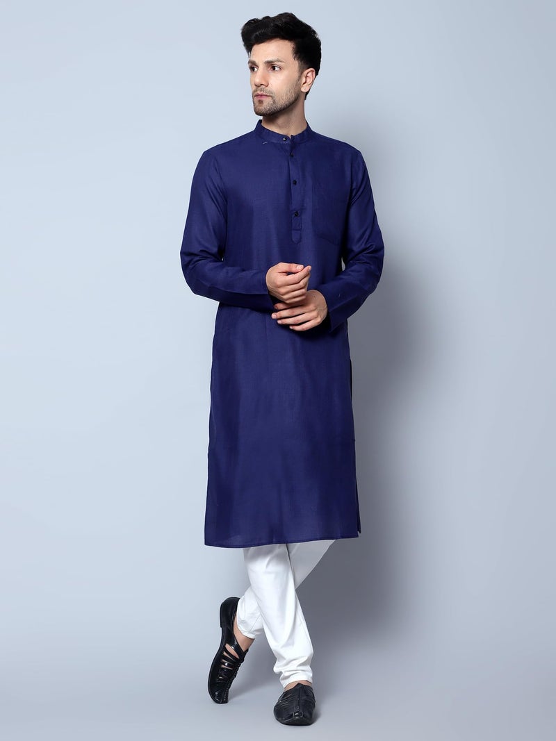 LATEST CHIKAN Men's Cotton Blend Solid Long Kurta Full Sleeves - Casual Ethnic Wear -LCA-LK-MGK-NBL-42 Navy - Image 2