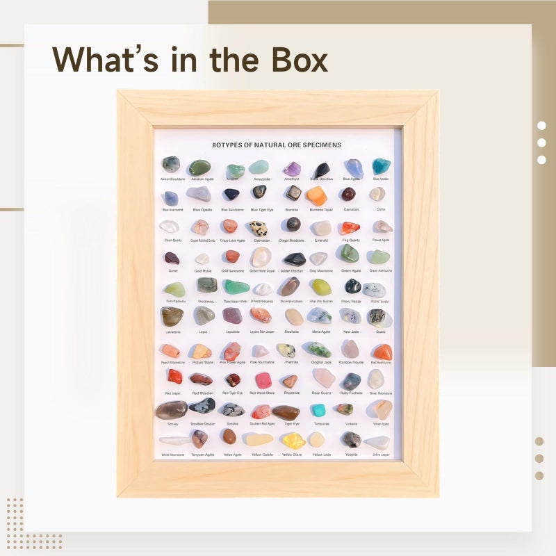 مجموعة عرض الأحجار الكريمة الطبيعية 80 نوعًا في إطار خشبي هدية توزيعات عيد الحب - Image 4