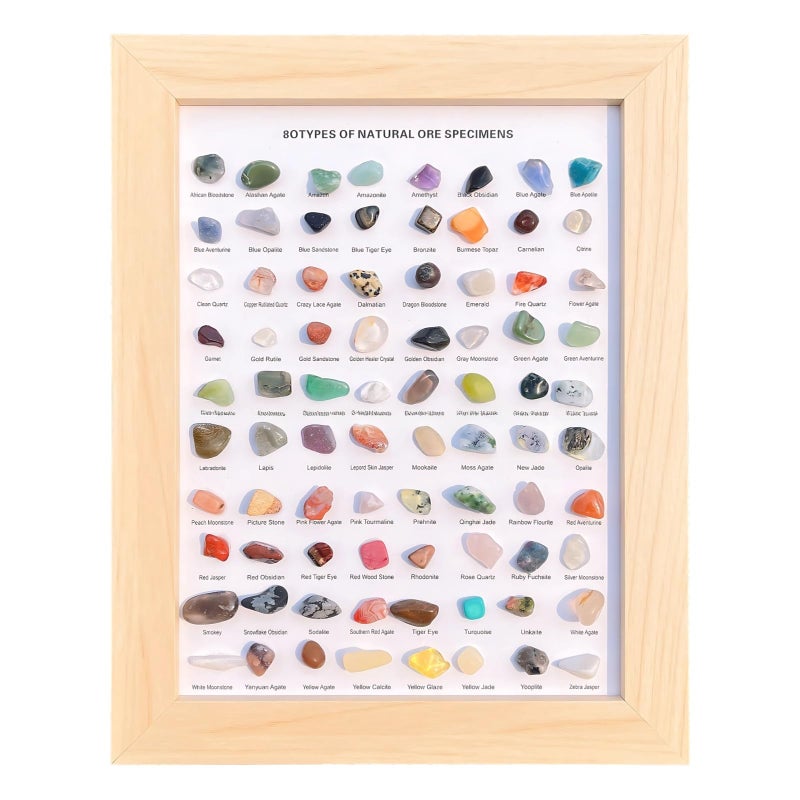 مجموعة عرض الأحجار الكريمة الطبيعية 80 نوعًا في إطار خشبي هدية توزيعات عيد الحب - Image 2