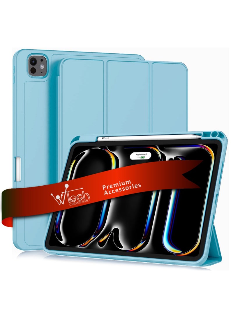 Wtech Apple iPad Pro 11 5G 2024 (5th Gen) 11 inch / Apple iPad Pro 11-inch (M5) 2025 Smart Flip Auto Awake/Auto Sleep Leather Texture with Pen Holder Case Cover - Sky Blue - Image 1