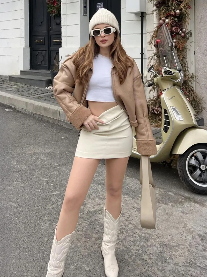 Bianco Lucci LUCCI Faux Leather Hooded Cropped Jacket with Faux Fur
