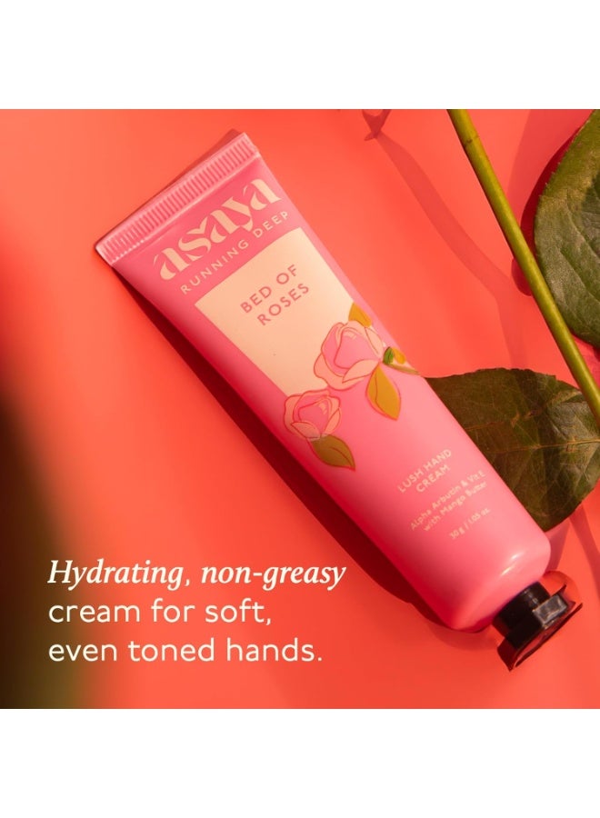 Asaya Bed of Roses Hand Cream for Women & Men | Nourishes, Brightens | Softens Dry, Rough Hands | Non Sticky and Quick Absorbing | Intense Moisturization | Reduces Tan & Pigmentation | Alpha Arbutin, Mango Butter & Vit E | Oily skin | Dry Skin | Free from  Silicones, Paraben, Sulphates & Chemical | Travel Friendly | Lightweight | 30g - Image 2