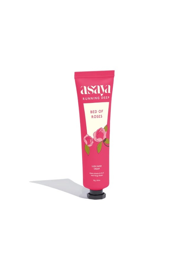 Asaya Bed of Roses Hand Cream for Women & Men | Nourishes, Brightens | Softens Dry, Rough Hands | Non Sticky and Quick Absorbing | Intense Moisturization | Reduces Tan & Pigmentation | Alpha Arbutin, Mango Butter & Vit E | Oily skin | Dry Skin | Free from  Silicones, Paraben, Sulphates & Chemical | Travel Friendly | Lightweight | 30g - Image 1