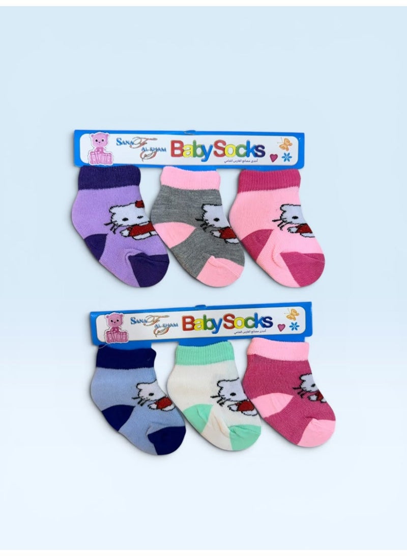 Hello Kity Al-Fares Al-Shami Baby Ankle Socks with Cartoon Designs, 6 Pairs, Assorted Designs - Image 2
