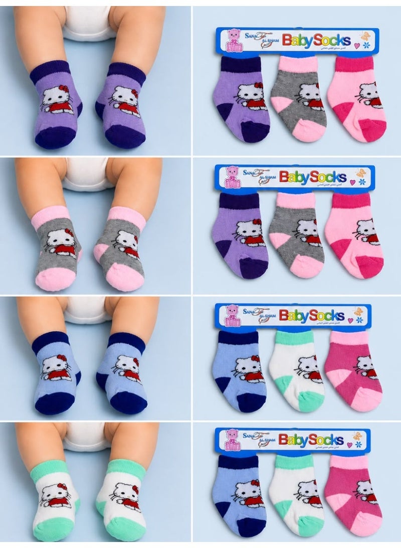 Hello Kity Al-Fares Al-Shami Baby Ankle Socks with Cartoon Designs, 6 Pairs, Assorted Designs - Image 1