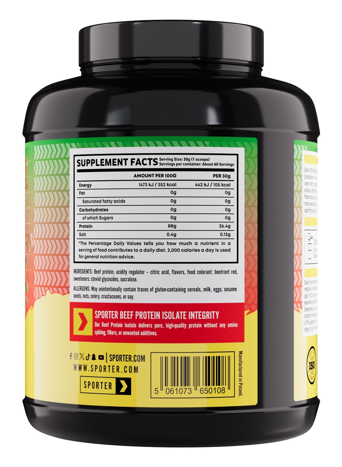 Sporter Beef Protein Isolate – 60 Servings | 26.4G Protein Per Scoop | Zero Fat, Sugar & Carbs | Strawberry Watermelon Flavor | Lactose-Free | No Amino Spiking Or Fillers | Pure Muscle Recovery Fuel