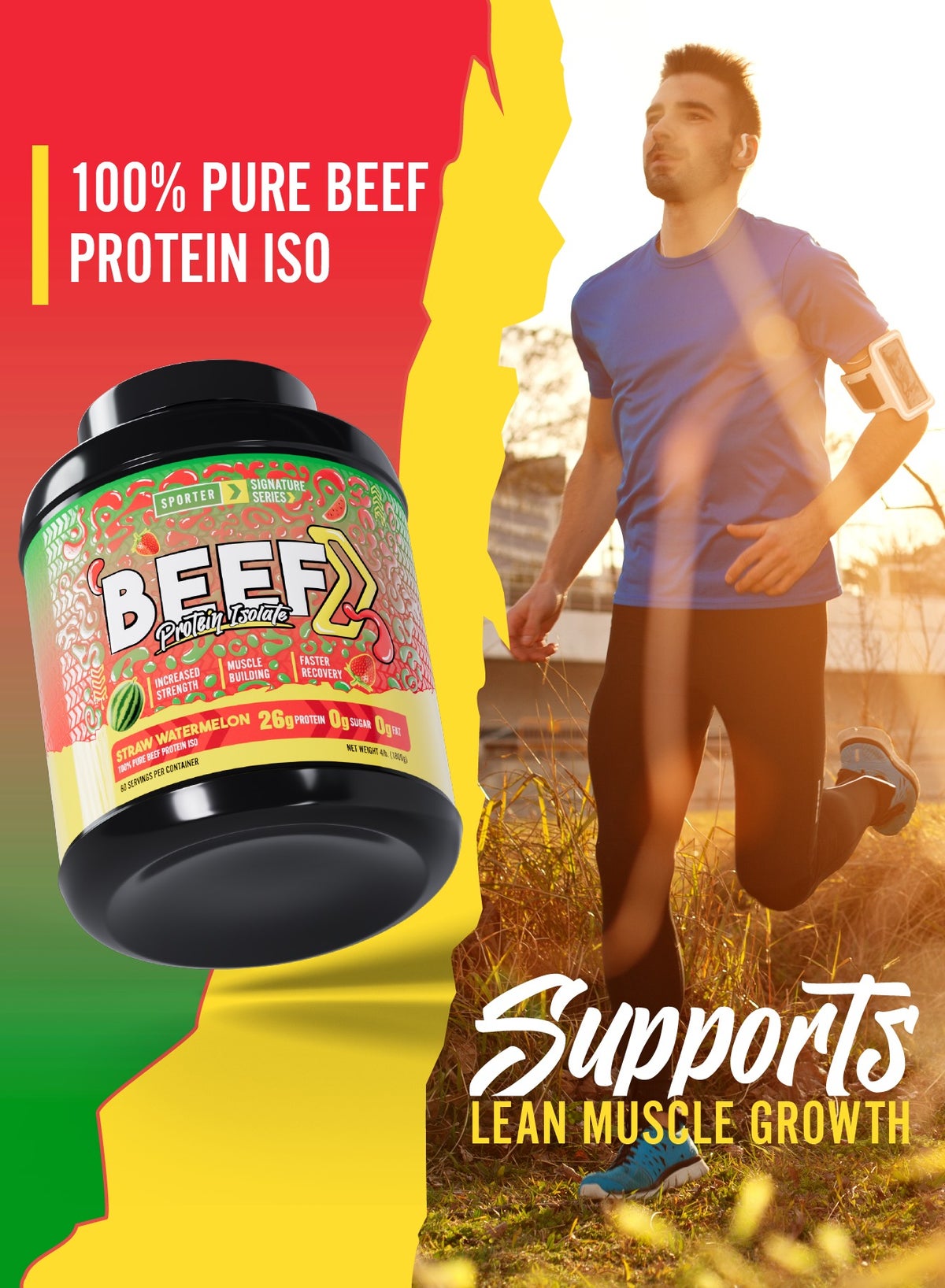 Sporter Beef Protein Isolate – 60 Servings | 26.4G Protein Per Scoop | Zero Fat, Sugar & Carbs | Strawberry Watermelon Flavor | Lactose-Free | No Amino Spiking Or Fillers | Pure Muscle Recovery Fuel