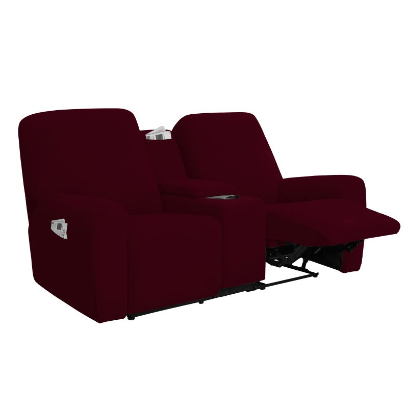 EasyGoing Stretch Recliner Loveseat Cover with Center Console Sofa Slipcover Soft Fitted Fleece 2 Seats Couch with Holder and Storage Washable Furniture Protector Wine