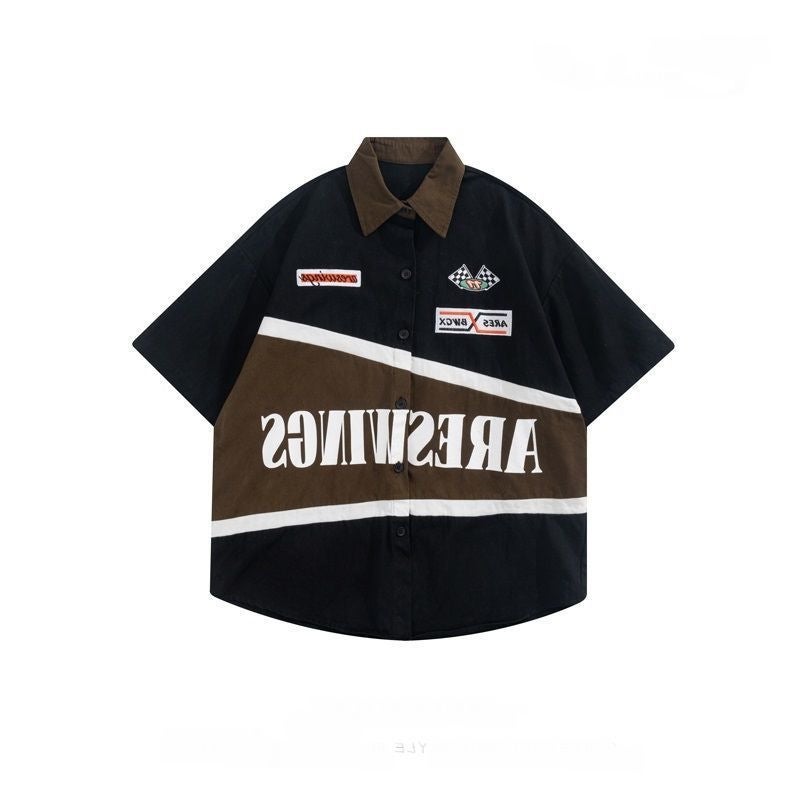 Generic Fried Street Ins Summer Motorcycle Retro Thin American Style Trendy Brand hiphop Shirt Mens Short Sleeve Racing Suit Loose Shirt 63 black printed style