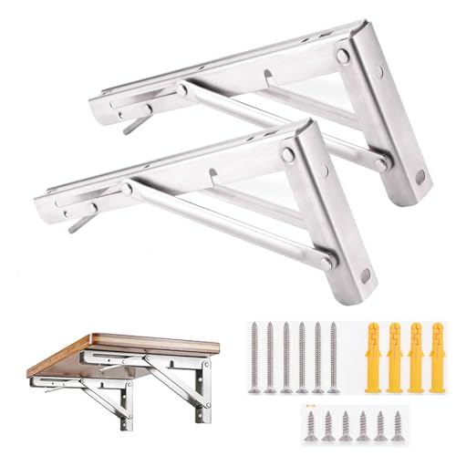 Teng Lang Folding Shelf Brackets Max Load 330 lb Heavy Duty Stainless Steel Collapsible Wall Mounted Shelf Brackets for Table Space Saving DIY Bracket Pack of 2 Silver 2packs 16 Inch - Image 1