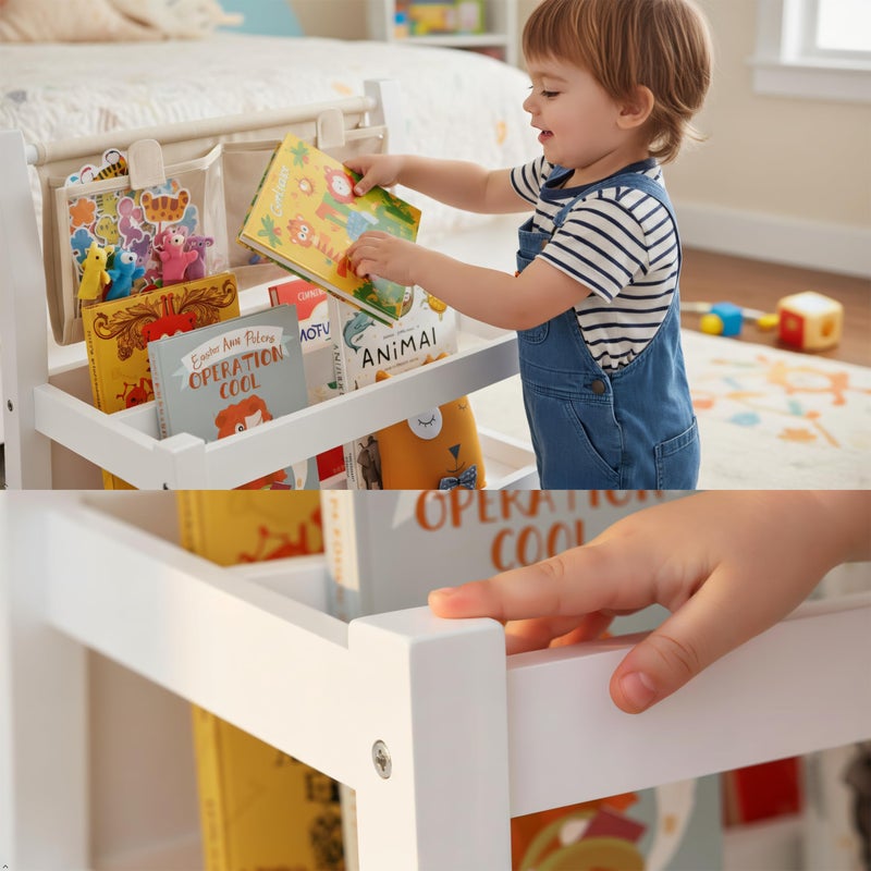 Spirich Montessori Kids Bookshelf - Front-Facing Childrenâ€™s Book Display with Storage Pouch, White Wood Floor Bookcase for Nursery & Playroom - Image 3