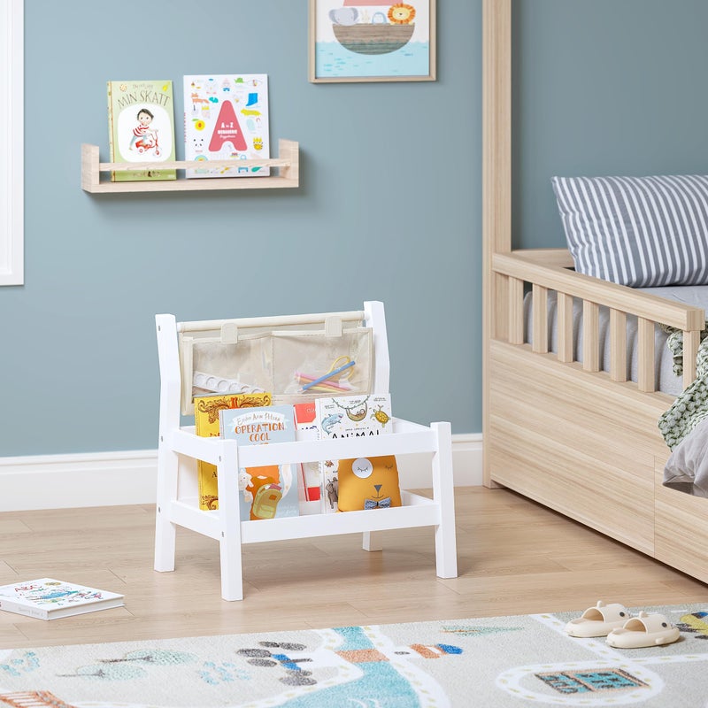 Spirich Montessori Kids Bookshelf - Front-Facing Childrenâ€™s Book Display with Storage Pouch, White Wood Floor Bookcase for Nursery & Playroom - Image 2