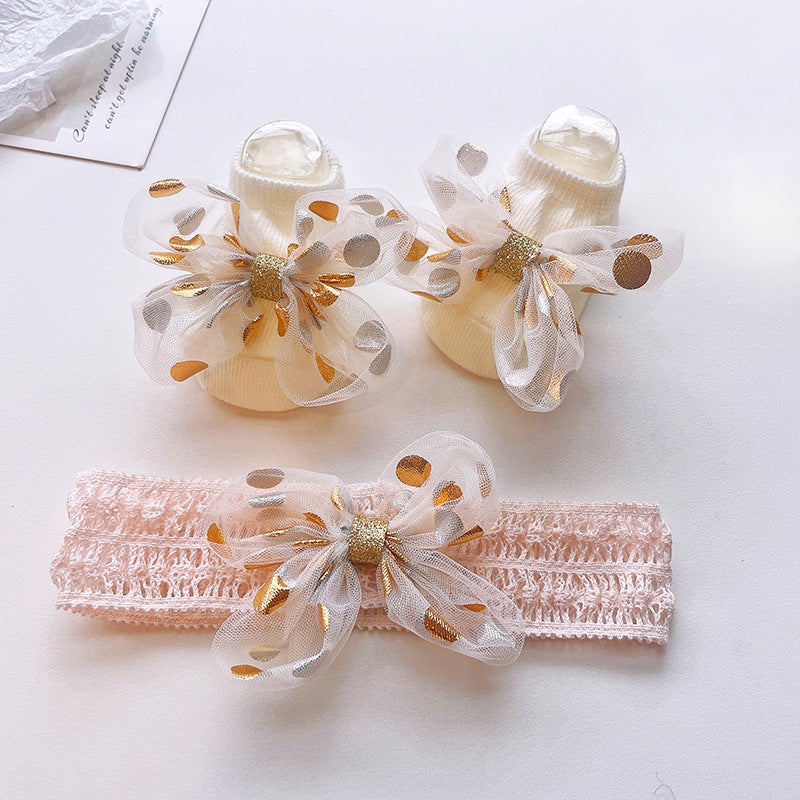 Generic Cute Newborn Socks and Headband Set Cartoon Korean Style Baby Accessories Beige White Gold Dot Butterfly Combination 