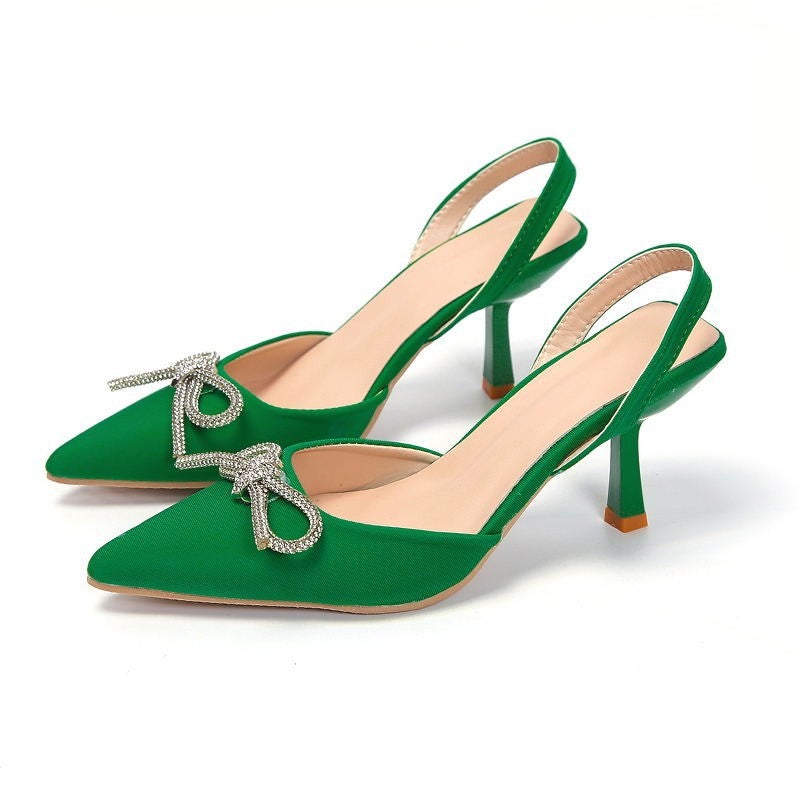 Large Size Pointed High Heel Sandals Fashion Bow Baotou Thin Heel Single-Layer Shoes Sandals High Heels - Image 2