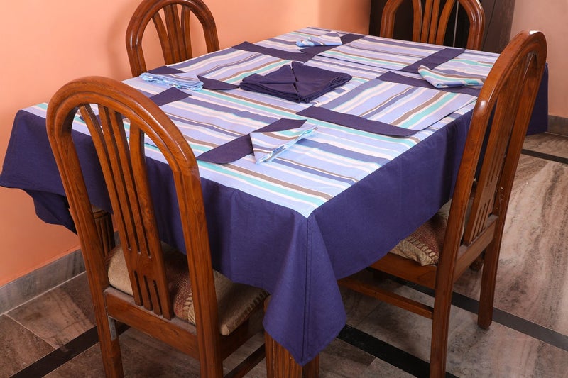 Dekor World Stripe Printed Blue Table Cover with Place Mat & Napkin (Pack of 13) - Image 1