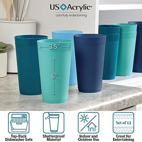 US Acrylic Newport 20 ounce Unbreakable Plastic Stackable Water Tumblers in 4 Coastal Colors | Set of 12 Drinking Cups | Reusable, BPA-free, Made in the USA, Top-rack Dishwasher and Microwave Safe - Image 3