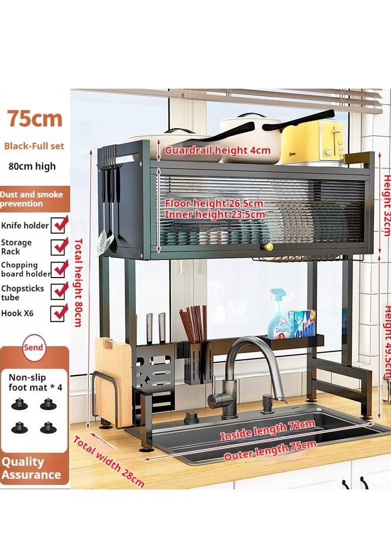 The Sink Dish Drainer Drying Rack,2 Tier Dish Drying Rack for Kitchen Counter, Large Dish Drying Rack with Flip Door, Over Sink Dish Drying Rack for Family Use,Dust-Proof,75cm - Image 2