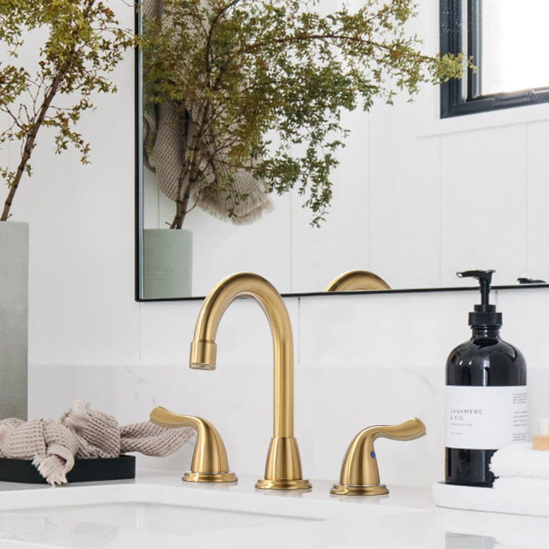 Arcora Brushed Gold Bathroom Faucet 3 Hole: ARCORA 8 Inch Widespread Bathroom Faucet, 2 Handles Bathroom Sink Faucet with Drain Assembly - Image 2