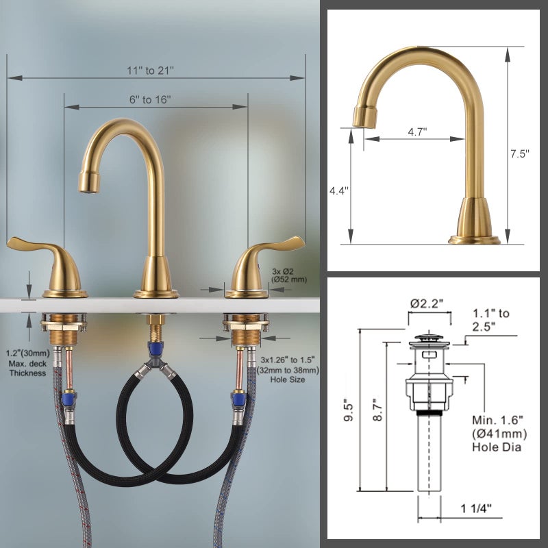 Arcora Brushed Gold Bathroom Faucet 3 Hole: ARCORA 8 Inch Widespread Bathroom Faucet, 2 Handles Bathroom Sink Faucet with Drain Assembly - Image 5