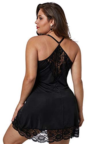 lime flare Women Sexy Plus Size Lace Trim Babydoll Chemise Criss Cross Back Lingerie Dress Sleepwear (3X-Large(US 22-24),Solid black with satin bow detail) - Image 2