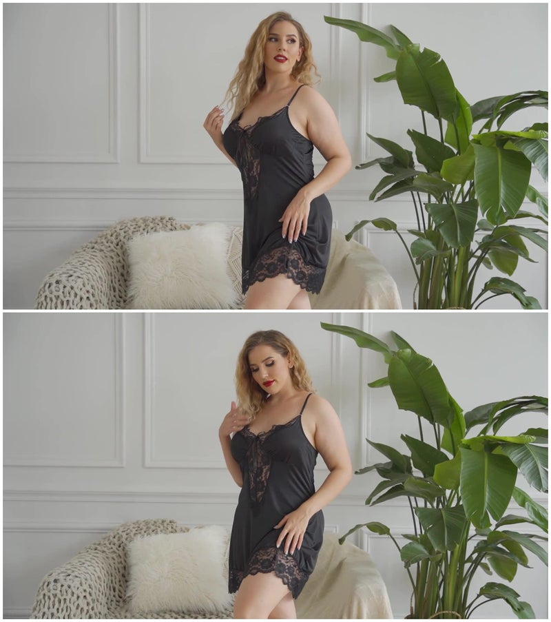 lime flare Women Sexy Plus Size Lace Trim Babydoll Chemise Criss Cross Back Lingerie Dress Sleepwear (3X-Large(US 22-24),Solid black with satin bow detail) - Image 4
