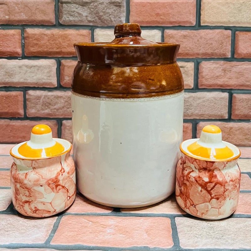SHRIYAM CRAFT Pickle Jar Container for Kitchen Storage Jars CERAMIC BARNI JARS 1KG JAR WITH 80ML Painting 2 pcs JAR PACK OF 3 - Image 1
